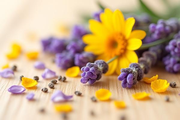 Close-up of vibrant lavender buds and golden calendula petals, freshly harvested.