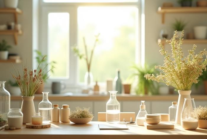 A tranquil, well-lit laboratory workbench with natural botanical ingredients, precision beakers, and measuring tools, evoking craftsmanship and scientific rigor.