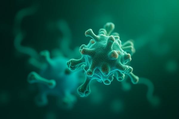 Stylized graphic representation of complex biomolecules or microorganisms, glowing with subtle scientific light.