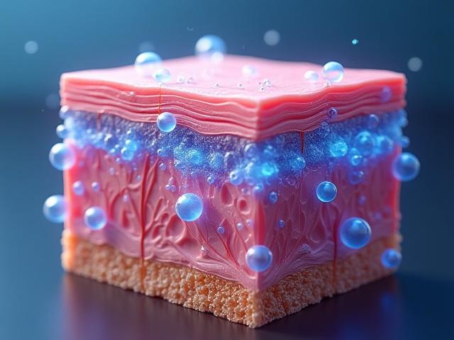 Illustration of multi-molecular hyaluronic acid penetrating different skin layers