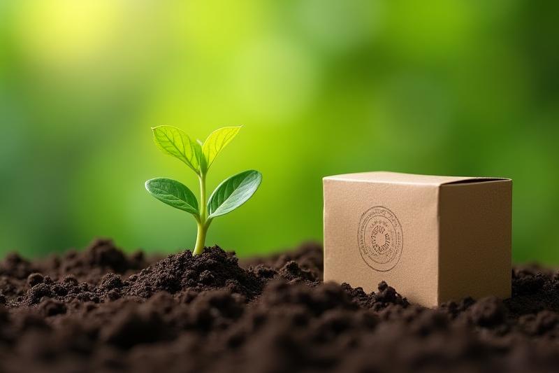 A small seedling growing next to a product box made of recycled paper with visible fibers, symbolizing biodegradability and environmental promise.