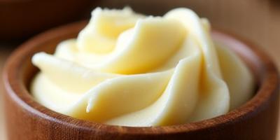 Creamy, unrefined shea butter in a rustic bowl