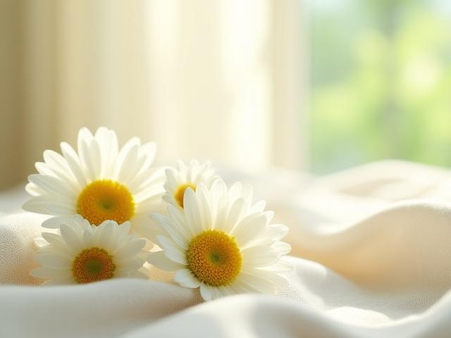 Close-up of gentle chamomile flowers on a soft textile