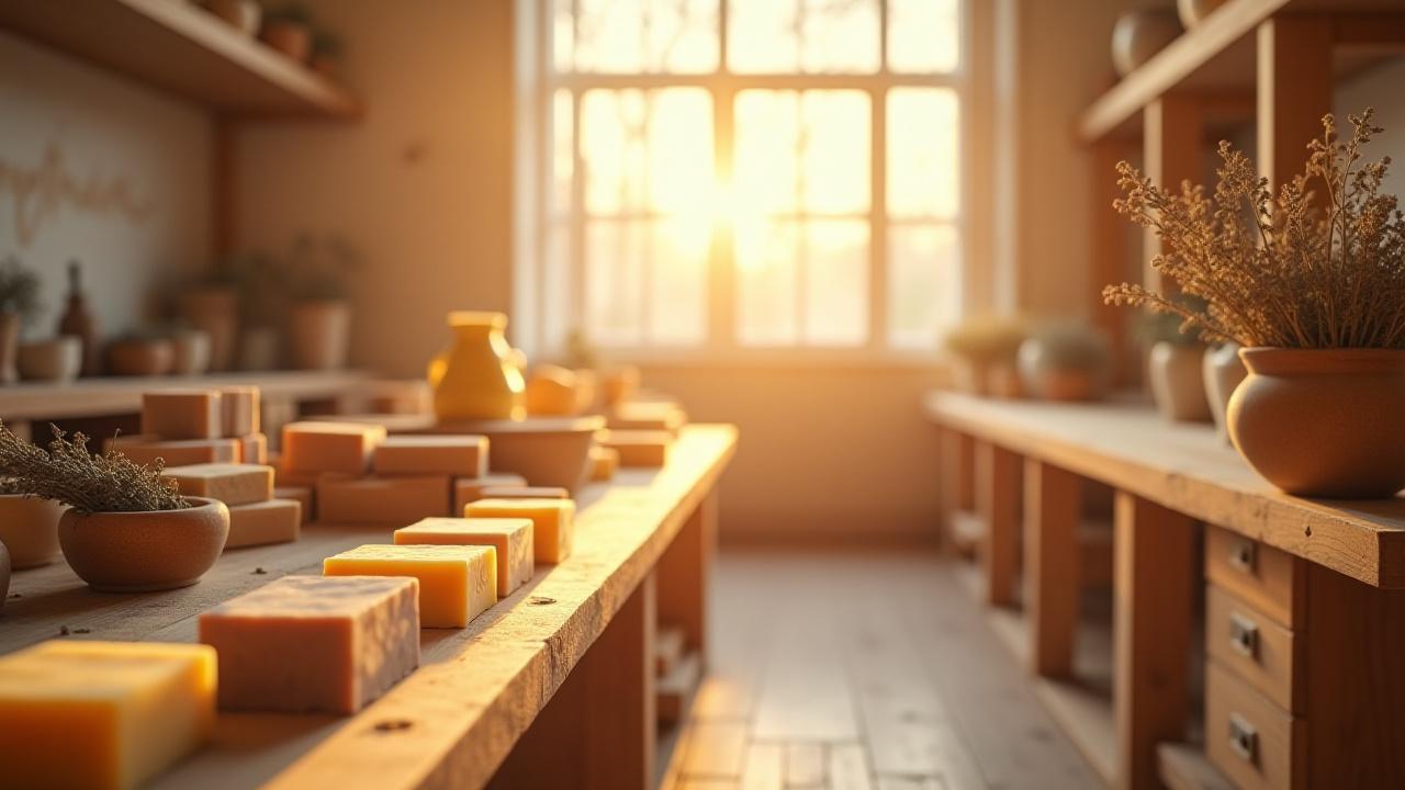 Warm-toned, sunlit workshop in Wanamassa, NJ, with crafting tools and natural ingredients